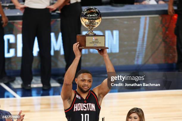 Eric Gordon of the Houston Rockets celebrates after winning the 2017 JBL Three-Point Contest at Smoothie King Center on February 18, 2017 in New...