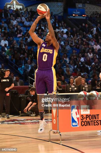 Nick Young of the Los Angeles Lakers shoots during the JBL Three-Point Contest on State Farm All-Star Saturday Night as part of the 2017 NBA All-Star...
