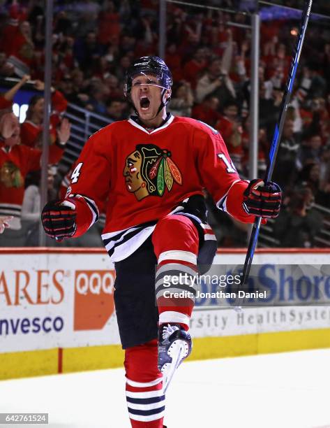 Richard Panik of the Chicago Blackhawks celebrates scoring a third period goal against the Edmonton Oilers at the United Center on February 18, 2017...