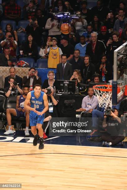 Aaron Gordon of the Orlando Magic dunks the ball with help from the Intel drone during the Verizon Slam Dunk Contest during State Farm All-Star...