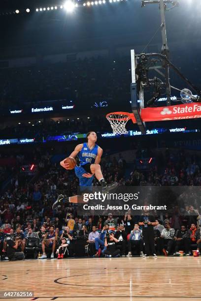 Aaron Gordon of the Orlando Magic attempts a dunk during the Verizon Slam Dunk Contest as part of 2017 All-Star Weekend at the Smoothie King Center...