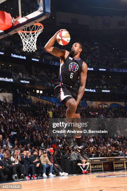 DeAndre Jordan of the LA Clippers dunks the ball during the Verizon Slam Dunk Contest during State Farm All-Star Saturday Night as part of the 2017...