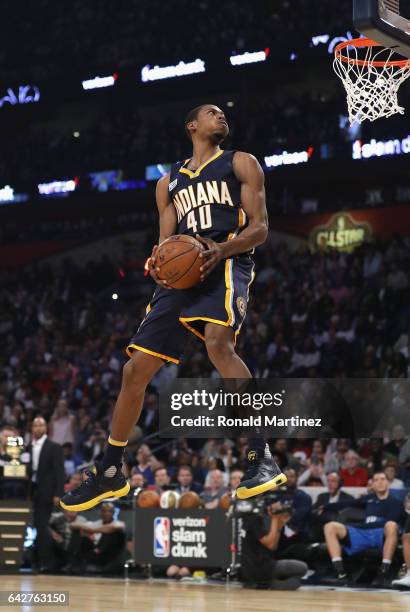 Glenn Robinson III of the Indiana Pacers competes in the 2017 Verizon Slam Dunk Contest at Smoothie King Center on February 18, 2017 in New Orleans,...