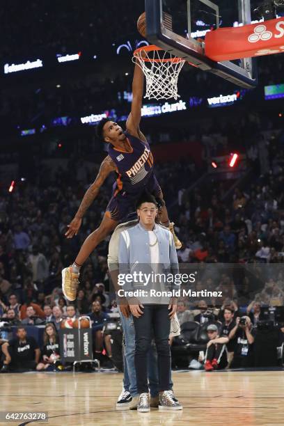 Derrick Jones Jr. #10 of the Phoenix Suns competes in the 2017 Verizon Slam Dunk Contest at Smoothie King Center on February 18, 2017 in New Orleans,...