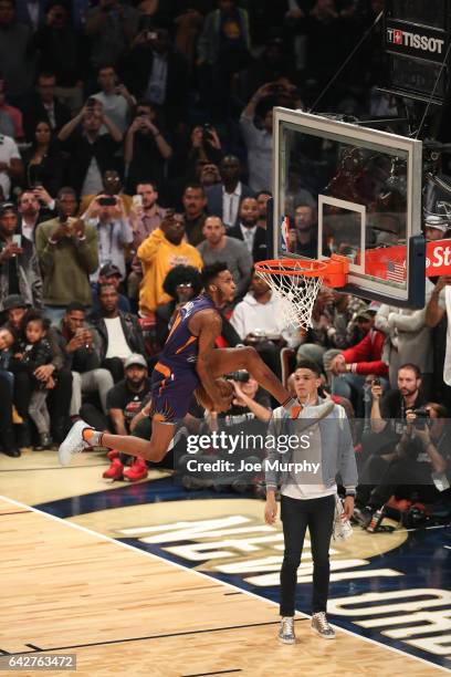 Derrick Jones Jr. #10 of the Phoenix Suns competes in the Verizon Slam Dunk Contest during State Farm All-Star Saturday Night as part of the 2017 NBA...