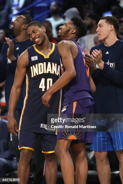 DeAndre Jordan of the Los Angeles Clippers, Glenn Robinson III of the Indiana Pacers, Derrick Jones Jr. #10 of the Phoenix Suns and Aaron Gordon of...
