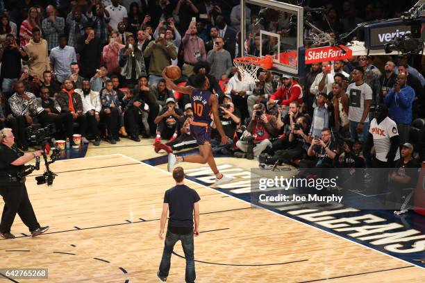Derrick Jones Jr of the Phoenix Suns competes in the Verizon Slam Dunk Contest during State Farm All-Star Saturday Night as part of the 2017 NBA...