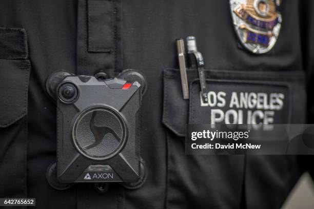 Los Angeles police officer wear an AXON body camera during the Immigrants Make America Great March to protest actions being taken by the Trump...