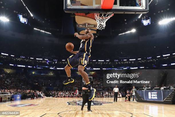 Glenn Robinson III of the Indiana Pacers competes in the 2017 Verizon Slam Dunk Contest at Smoothie King Center on February 18, 2017 in New Orleans,...