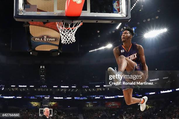 Derrick Jones Jr. #10 of the Phoenix Suns competes in the 2017 Verizon Slam Dunk Contest at Smoothie King Center on February 18, 2017 in New Orleans,...