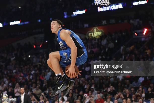 Aaron Gordon of the Orlando Magic competes in the 2017 Verizon Slam Dunk Contest at Smoothie King Center on February 18, 2017 in New Orleans,...