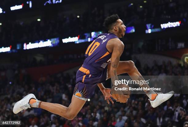 Derrick Jones Jr. #10 of the Phoenix Suns competes in the 2017 Verizon Slam Dunk Contest at Smoothie King Center on February 18, 2017 in New Orleans,...