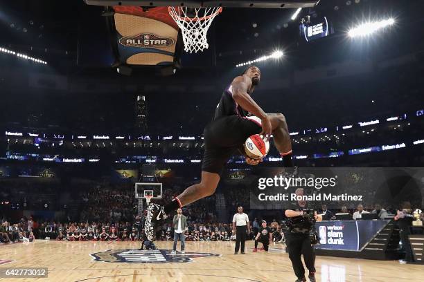 DeAndre Jordan of the Los Angeles Clippers competes in the 2017 Verizon Slam Dunk Contest at Smoothie King Center on February 18, 2017 in New...