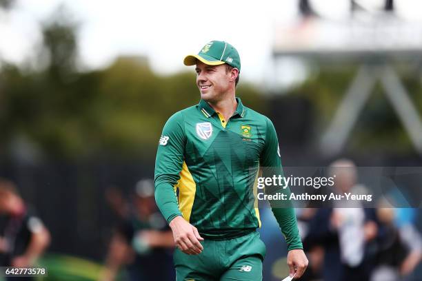 De Villiers of South Africa looks on ahead of the First One Day International match between New Zealand and South Africa at Seddon Park on February...