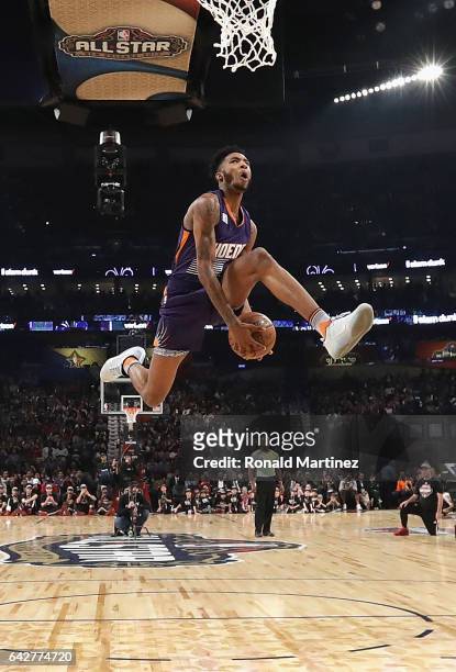 Derrick Jones Jr. #10 of the Phoenix Suns competes in the 2017 Verizon Slam Dunk Contest at Smoothie King Center on February 18, 2017 in New Orleans,...