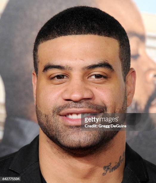 Former NFL player Shawne Merriman arrives at the premiere of Warner Bros. Pictures' "Fist Fight" at Regency Village Theatre on February 13, 2017 in...