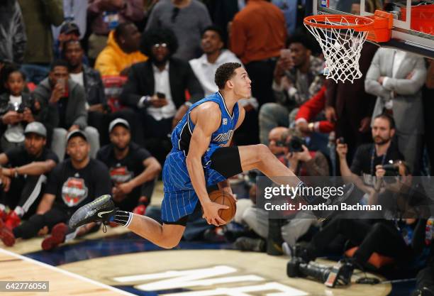 Aaron Gordon of the Orlando Magic competes in the 2017 Verizon Slam Dunk Contest at Smoothie King Center on February 18, 2017 in New Orleans,...