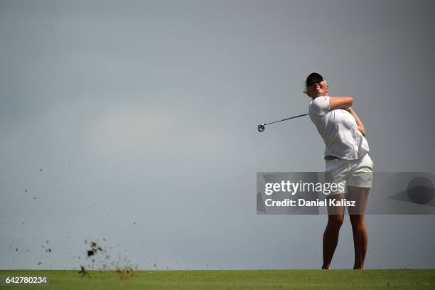 Nanna Madsen of Denmark plays a shot during round four of the ISPS Handa Women's Australian Open at Royal Adelaide Golf Club on February 19, 2017 in...