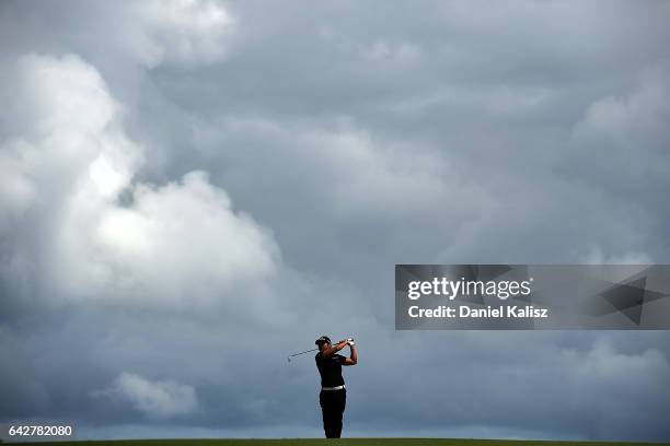 Haru Nomura of Japan plays a shot during round four of the ISPS Handa Women's Australian Open at Royal Adelaide Golf Club on February 19, 2017 in...