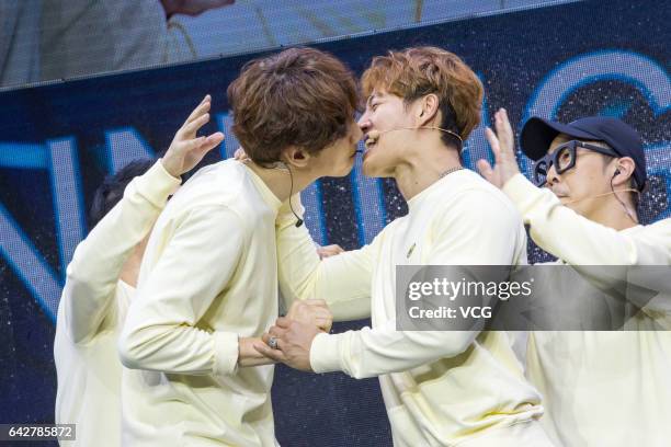 South Korean model and actor Lee Kwang-soo and singer and actor Kim Jong-kook perform onstage during Running Man's concert at The Venetian Macao on...
