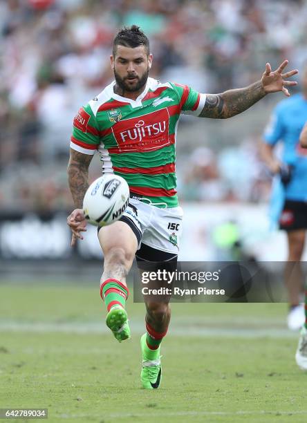 Adam Reynolds of the Rabbitohs kicks during the NRL Charity Shield match between the South Sydney Rabbitohs and the St George Illawarra Dragons at...