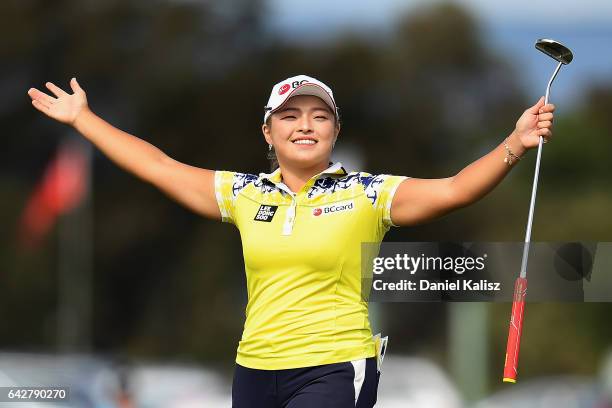 Ha Na Jang of South Korea celebrates on the 18th hole after winning the ISPS Handa Women's Australian during round four of the ISPS Handa Women's...