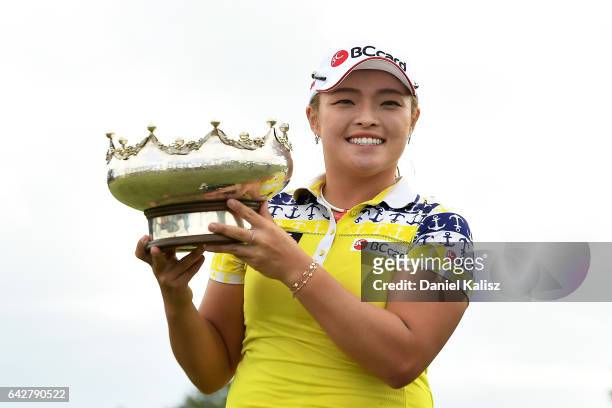 Ha Na Jang of South Korea celebrates with her trophy after winning the Women's Australian Open during round four of the ISPS Handa Women's Australian...