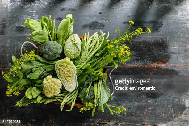 fresh green leaf vegetables in an old wooden crate on an old wooden table. - leaf vegetable stock pictures, royalty-free photos & images