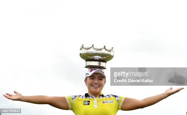 Ha Na Jang of South Korea celebrates with her trophy after winning the Women's Australian Open during round four of the ISPS Handa Women's Australian...