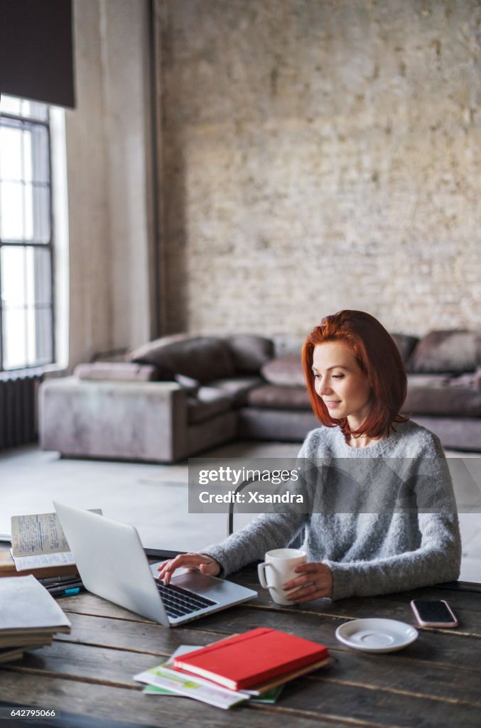 Young woman working in a loft apartment with a laptop computer