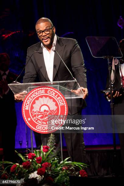 Producer/Director Tyler Perry speaks on stage as he receives the Candle Award in Philanthropy, Arts and Entertainment during the Morehouse College...