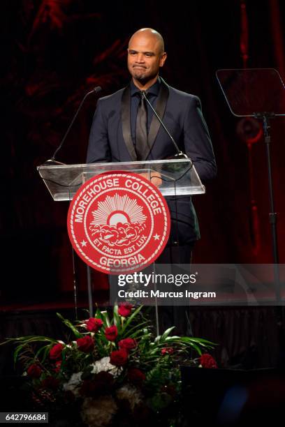 Actor Dondre Whitfield speaks on stage during the Morehouse College 29th annual student scholarship event at the Hyatt Regency Atlanta on February...