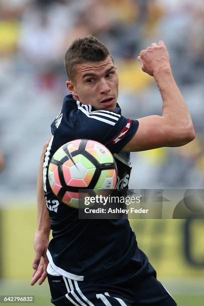 Mitch Austin of the Victory in action during the round 22 A-League match between the Central Coast Mariners and Melbourne Victory at Central Coast...