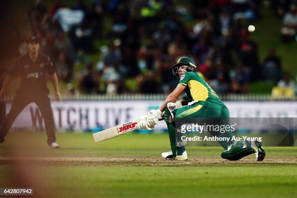De Villiers of South Africa bats during the First One Day International match between New Zealand and South Africa at Seddon Park on February 19,...