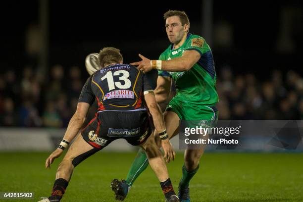 Craig Ronaldson of Connacht tackled by Tyler Morgan of Dragons during the Guinness PRO12 match between Connacht Rugby and Newport Gwent Dragons at...