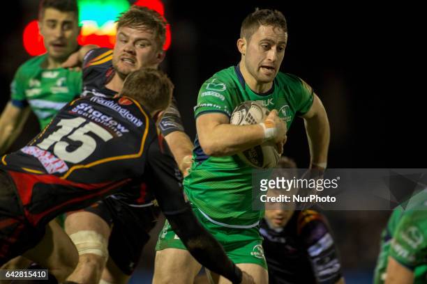 Caolin Blade of Connacht tackled by Tom Prydie of Dragons during the Guinness PRO12 match between Connacht Rugby and Newport Gwent Dragons at the...