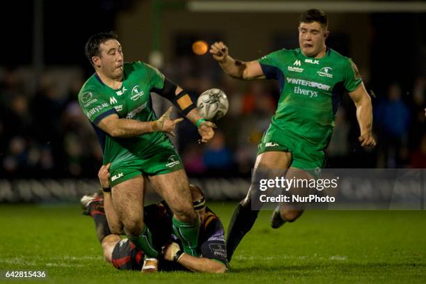 Denis Buckley of Connacht tackled by Brok Harris of Dragons during the Guinness PRO12 match between Connacht Rugby and Newport Gwent Dragons at the...