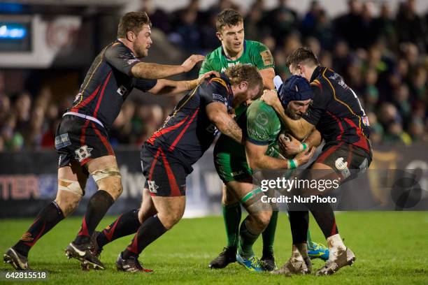 John Muldoon of Connacht tackled by Eliot Dee of Dragons during the Guinness PRO12 match between Connacht Rugby and Newport Gwent Dragons at the...