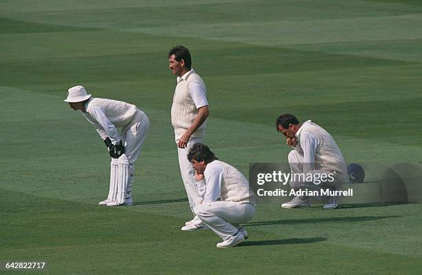 England fielders during the test against Sri Lanka at Lord's, London, 25th - 30th August 1988. Left to right: Jack Russell, Graham Gooch, Allan Lamb...