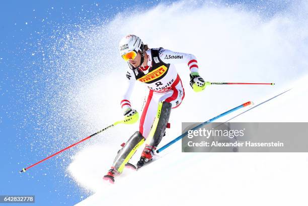 Manuel Feller of Austria competes in the Men's Slalom during the FIS Alpine World Ski Championships on February 19, 2017 in St Moritz, Switzerland.