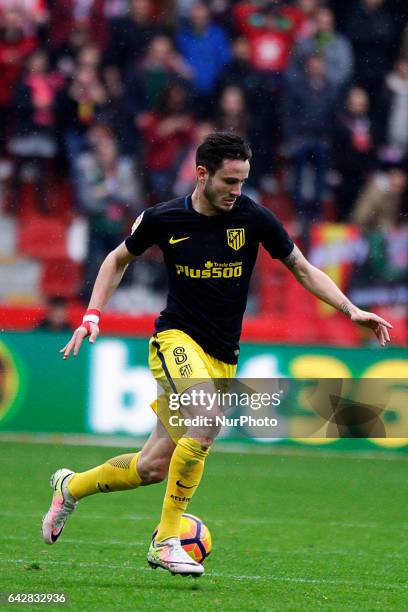 Saul Ñiguez midfielder of Atletico de Madrid drives the ball during the La Liga Santander match between Sporting de Gijon and Atletico de Madrid at...