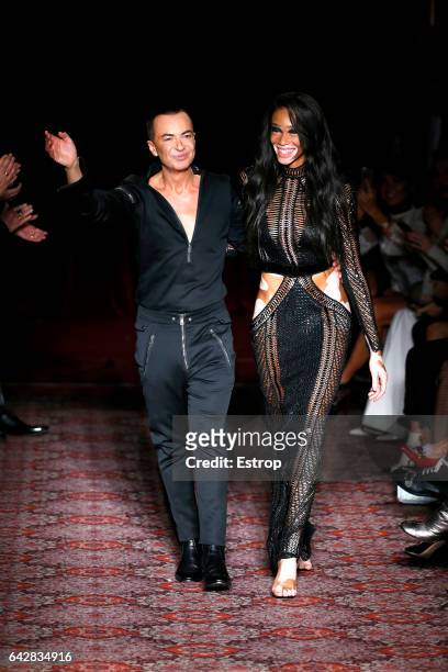 Designer Julien Macdonald and Winnie Harlow walking the runway at the Julien Macdonald show during the London Fashion Week February 2017 collections...