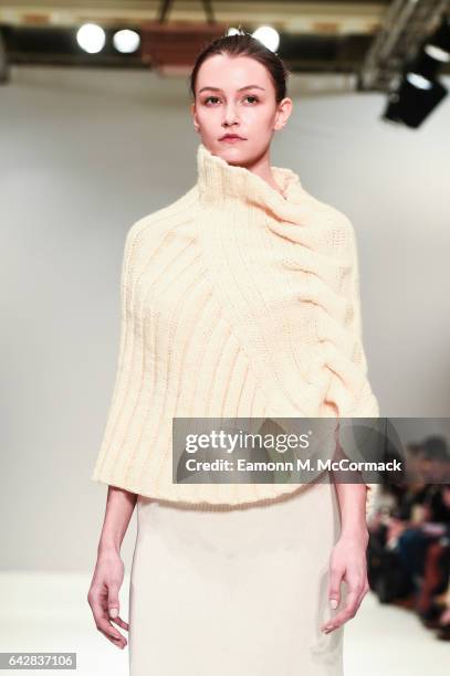 Model walks the runway at the Apu Jan show during the London Fashion Week February 2017 collections on February 19, 2017 in London, England.