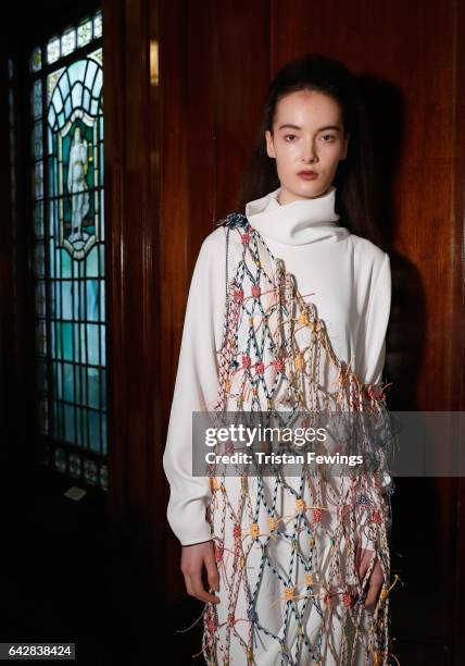 Model backstage ahead of the Theo VII show during the London Fashion Week February 2017 collections on February 19, 2017 in London, England.