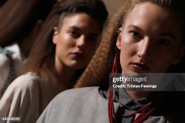 Models backstage ahead of the Theo VII show during the London Fashion Week February 2017 collections on February 19, 2017 in London, England.