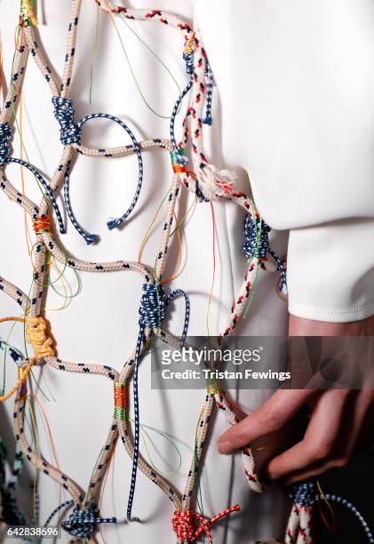 Model, detail, backstage ahead of the Theo VII show during the London Fashion Week February 2017 collections on February 19, 2017 in London, England.