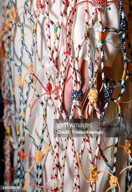 Model, detail, backstage ahead of the Theo VII show during the London Fashion Week February 2017 collections on February 19, 2017 in London, England.