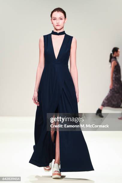 Model walks the runway at the Apu Jan show during the London Fashion Week February 2017 collections on February 19, 2017 in London, England.