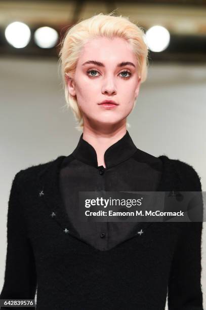 Model walks the runway at the Apu Jan show during the London Fashion Week February 2017 collections on February 19, 2017 in London, England.