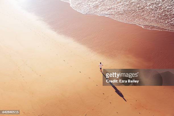 man running along the shoreline at sunrise - aerial view photos fotografías e imágenes de stock